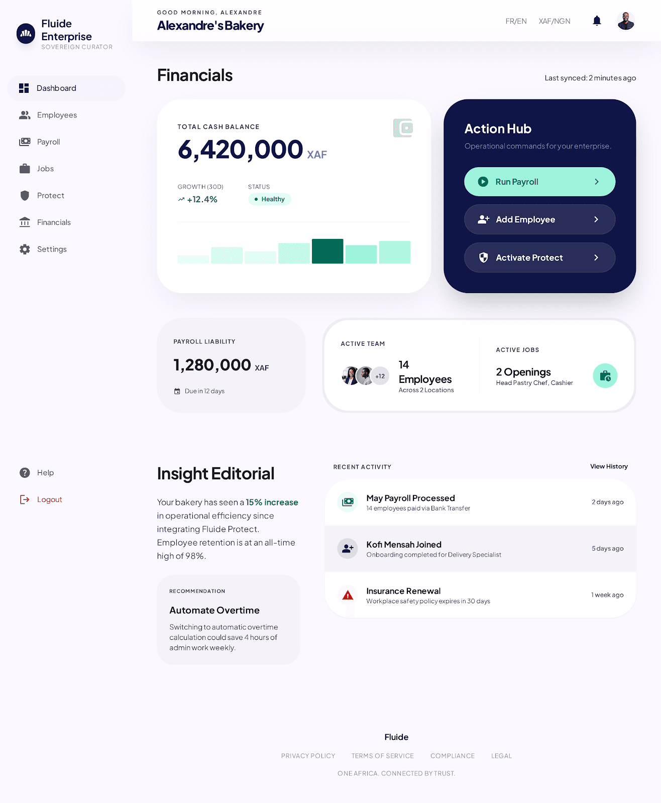 Fluide Business dashboard showing organizational performance, financial records, workforce activity, and business insights.